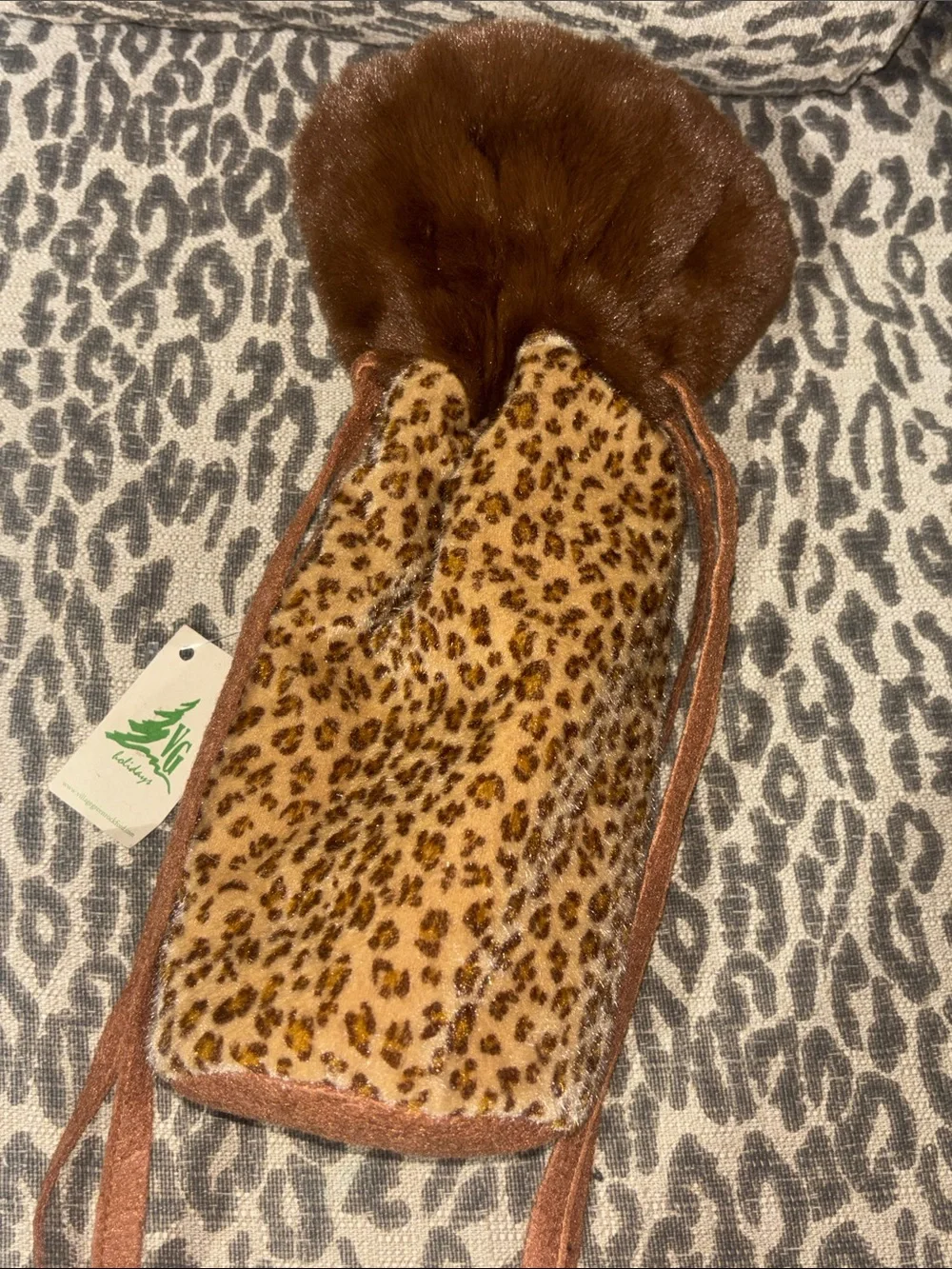 Plush wine gift bag faux fur cheetah print fuzzy drawstring pouch hostess gift